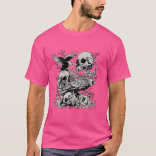 Camiseta Ilustração de Arte Floral de Caveiras e Abutres Gó