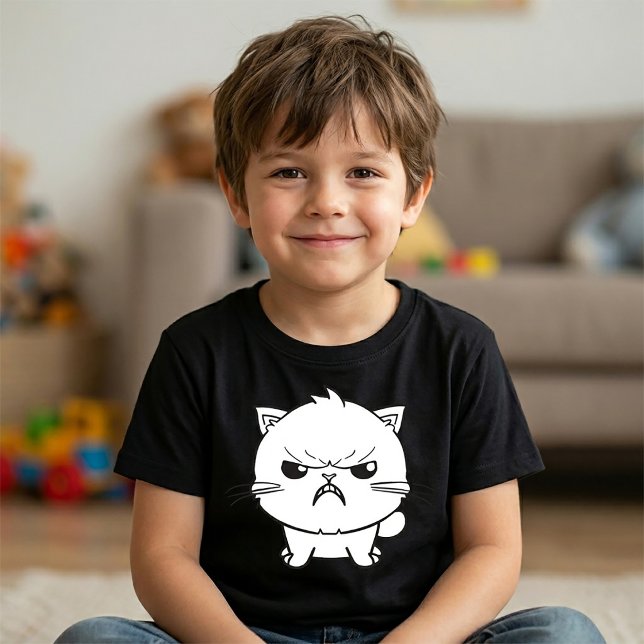 Camiseta Ilustração de Arte Linear de Gato Raivoso e Feroz  (Cute Angry hissing Cat Line Art Illustration. Boy Basic Black T-Shirt)