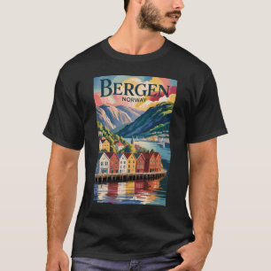 Camiseta Ilustração de Bergen Noruega Arte de Viagem Vintag