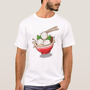 Camiseta Ilustração de Bolsa de Ramen Cute com Bolas de Arr