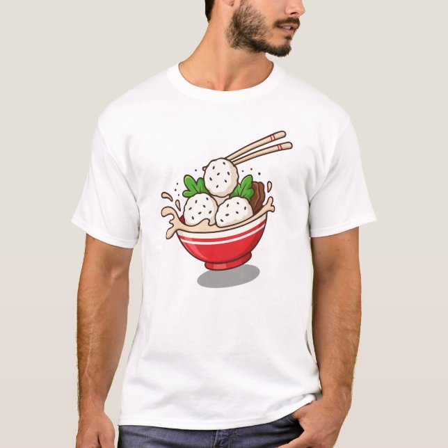 Camiseta Ilustração de Bolsa de Ramen Cute com Bolas de Arr (Frente)