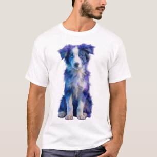 Camiseta Ilustração de Border Collie Azul Vibrante para Hom