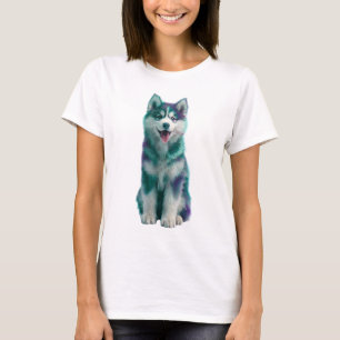 Camiseta Ilustração de Cachorrinho Husky Azul Verde e Roxo