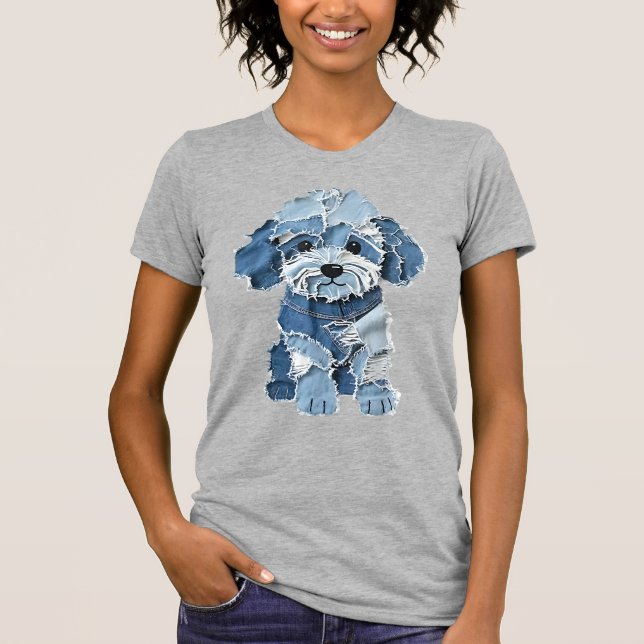 Camiseta Ilustração de Cachorro com Remendo de Denim Fofo (Frente)