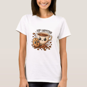 Camiseta Ilustração de Café Fofa com Piada de Café Sip Happ