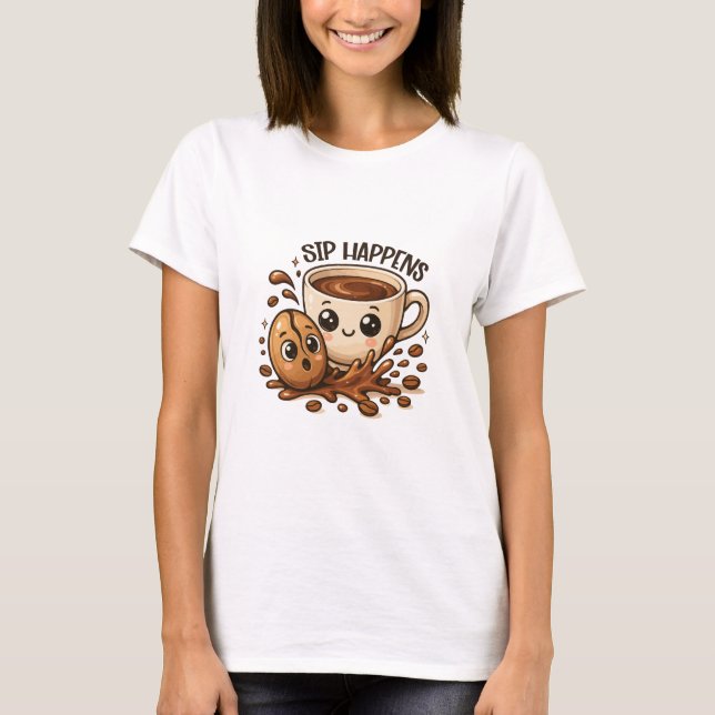 Camiseta Ilustração de Café Fofa com Piada de Café Sip Happ (Frente)