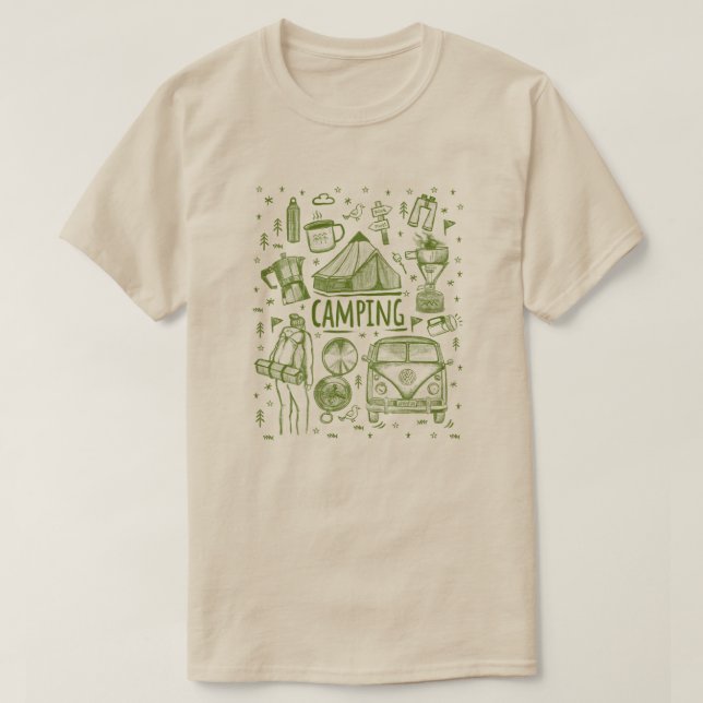Camiseta Ilustração de Camping no Exterior (Frente do Design)