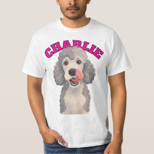 Camiseta Ilustração de Cão Poodle Cinza Curly Lambendo o Na