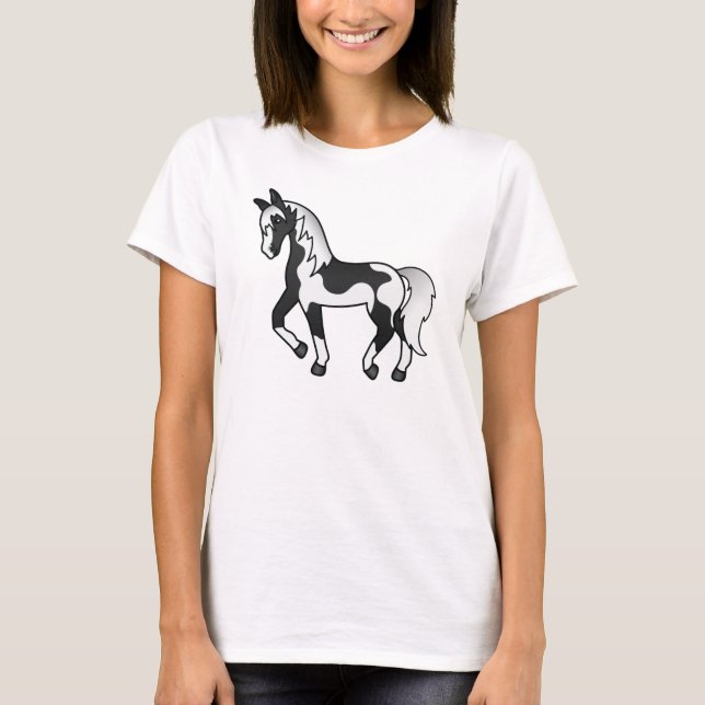 Camiseta Ilustração de Cartoon de Cavalo Trotante de Pinto  (Frente)