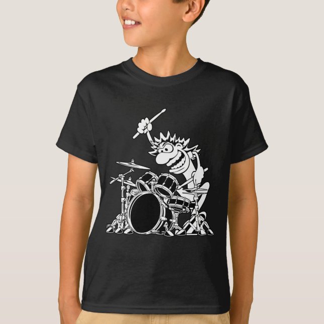 Camiseta Ilustração de Cartoon de Drummer Louca (Frente)