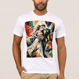 Camiseta Ilustração de Casal de Noiva em Arte Deco Moderna