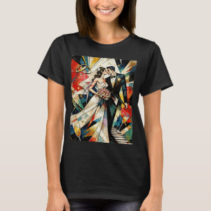 Camiseta Ilustração de Casal de Noivos em Arte Deco Moderna