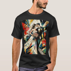 Camiseta Ilustração de Casal de Noivos em Arte Deco Moderna