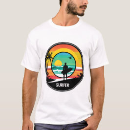 Camiseta Ilustração de Círculo Retro Praia Pôr do Sol de Su