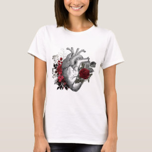 Camiseta Ilustração de coração vintage com rosas vermelhas