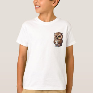 Camiseta Ilustração de Coruja Bebendo Café Cansada para Cri