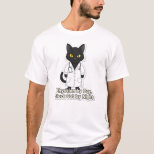 Camiseta Ilustração de Cota Médica de Médico Gato Preto