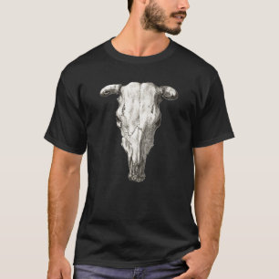 Camiseta Ilustração de Crânio de Vaca Preto e Branco a Lápi