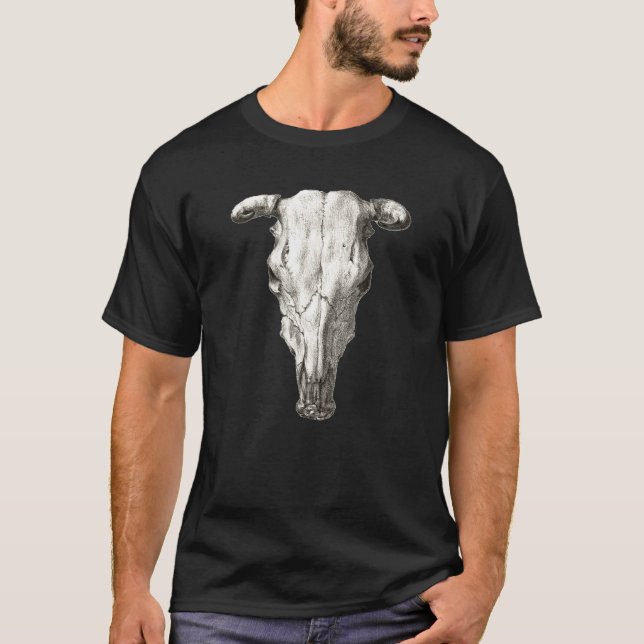 Camiseta Ilustração de Crânio de Vaca Preto e Branco a Lápi (Frente)