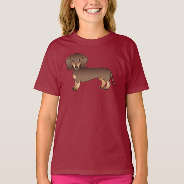 Camiseta Ilustração De Dachshund De Cabelo Curto E Castanho (Frente)