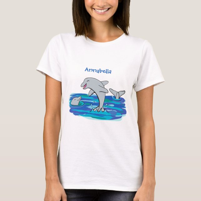 Camiseta Ilustração de desenho animado de golfinhos alegres (Frente)