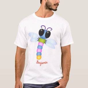 Camiseta Ilustração de desenho animado de libélula, azul e 