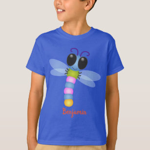 Camiseta Ilustração de desenho animado de libélula, azul e 