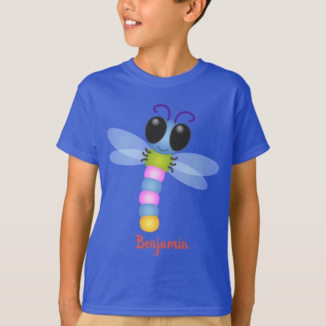 Camiseta Ilustração de desenho animado de libélula, azul e  (Frente)