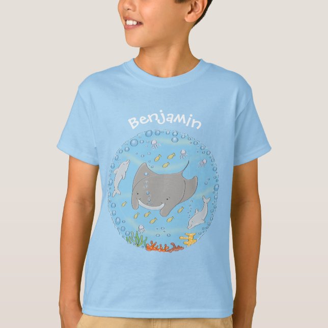 Camiseta Ilustração de desenho animado de manta-branca e bo (Frente)
