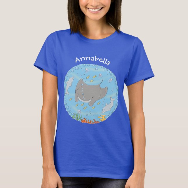 Camiseta Ilustração de desenho animado de manta-branca e bo (Frente)