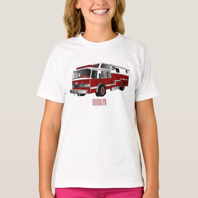 Camiseta Ilustração de desenho animado do motor de incêndio (Frente)