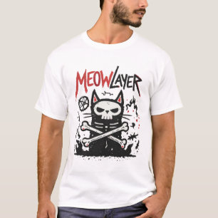 Camiseta Ilustração de Doodle de Gato Meowlayer em Metal