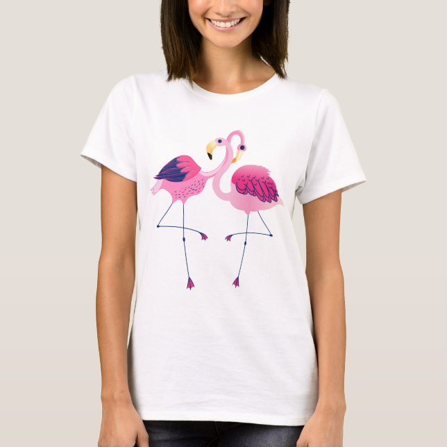 Camiseta Ilustração de Flamingos de Cor Rosa e Azul (Frente)