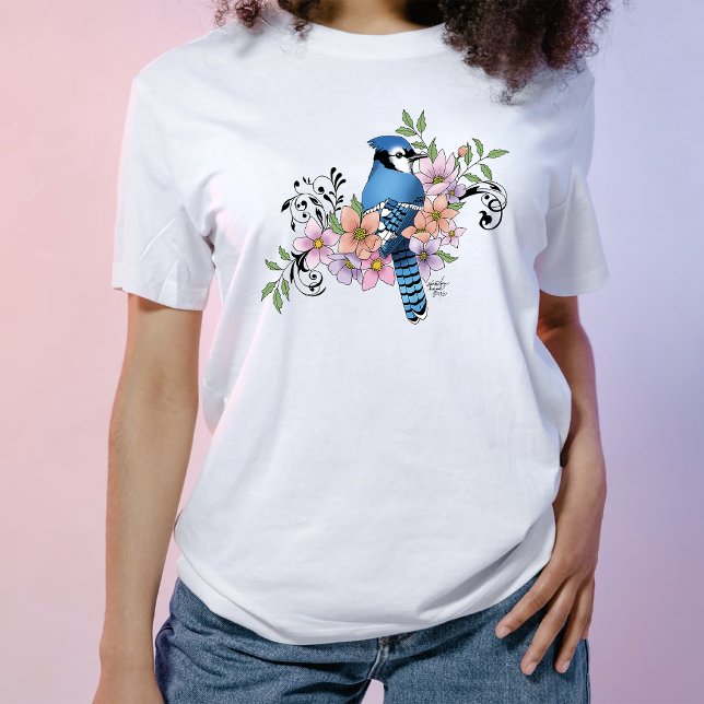 Camiseta Ilustração de Flores de Primavera do Pássaro Azul  (Criador carregado)
