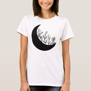 Camiseta Ilustração de Flores Silvestres Crescendo da Lua
