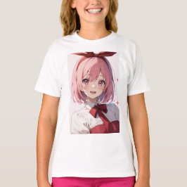 Camiseta Ilustração de Garota de Anime Fofo com Cabelo Rosa