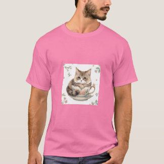 Camiseta Ilustração de Gato Aconchegante em Xícara de Chá