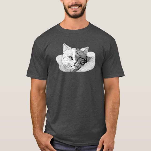 Camiseta Ilustração de Gato Adorável Arte Preta e Branca (Frente)