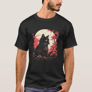 Camiseta Ilustração de Gato ao Estilo Japonês com Flor de C