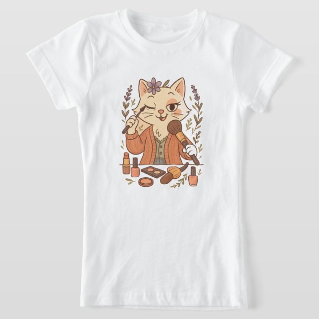 Camiseta Ilustração de Gato Bonito - Maquiagem de Execução  (Postura )
