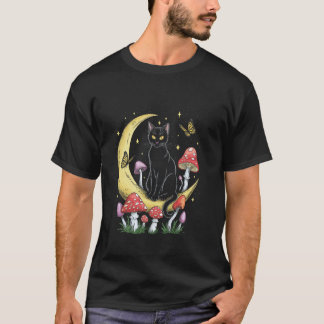 Camiseta Ilustração de Gato Cogumelos Boho Lua Gatos Mãe Mu