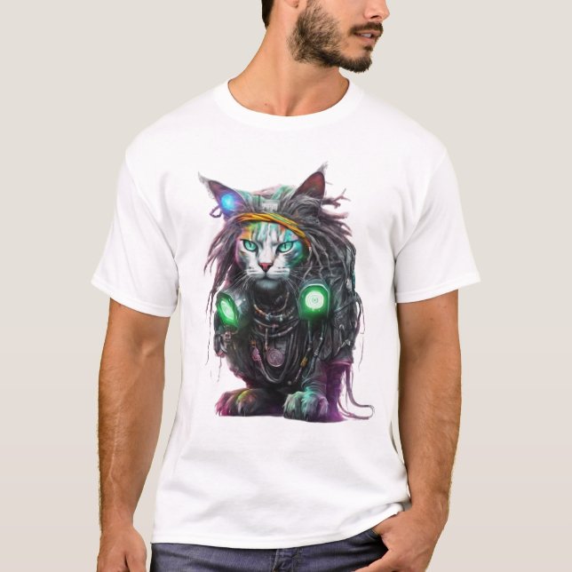 Camiseta Ilustração de Gato Cyber Rasta (Frente)