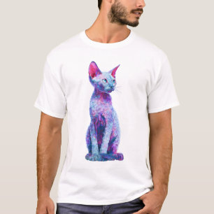 Camiseta Ilustração de Gato Devon Rex Psicodélico Vibrante