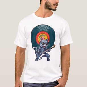 Camiseta Ilustração de Gato DJ em Vinil Retro