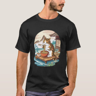 Camiseta Ilustração de Gato Engraçado Comendo Tigela de Ram