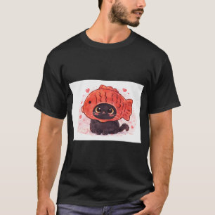 Camiseta Ilustração de Gato Fofo com Chapéu de Peixe