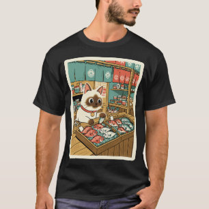 Camiseta Ilustração de Gato Fofo no Mercado de Sushi