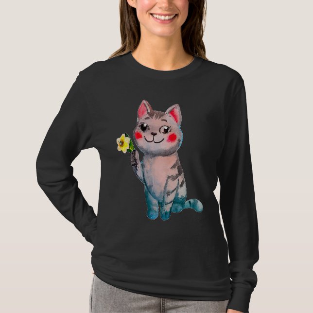 Camiseta Ilustração De Gato Gato E Mês De Nascimento De Mar (Frente)