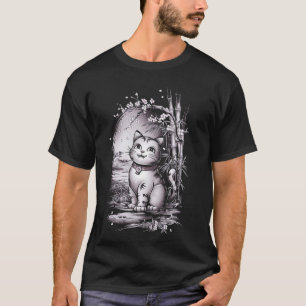 Camiseta Ilustração de Gato Japonês em Jardim de Bambu Arte