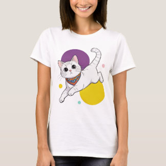 Camiseta Ilustração de Gato Kawaii Fofo com Bandana e Chapé